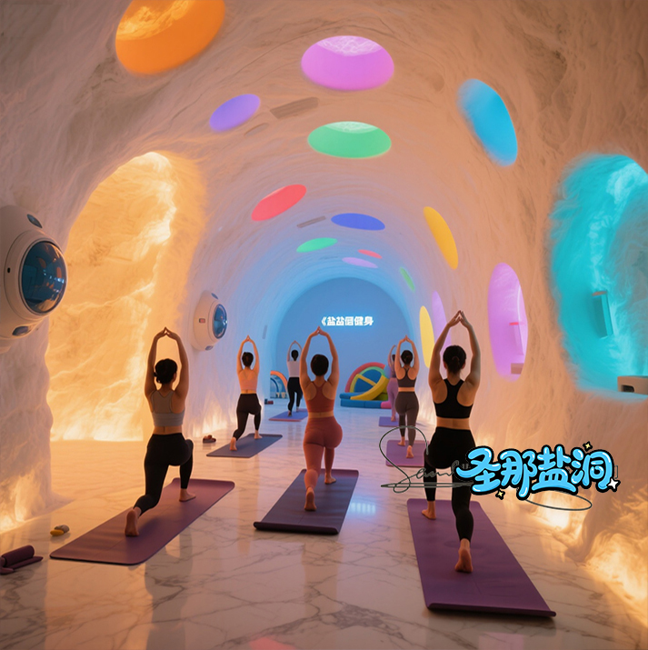 jimeng-2025-09-06-8902-太空舱风格盐洞瑜伽房,地面大理石铺装,洞内瑜伽垫,有多人在练瑜伽,光线明亮,近景....jpg